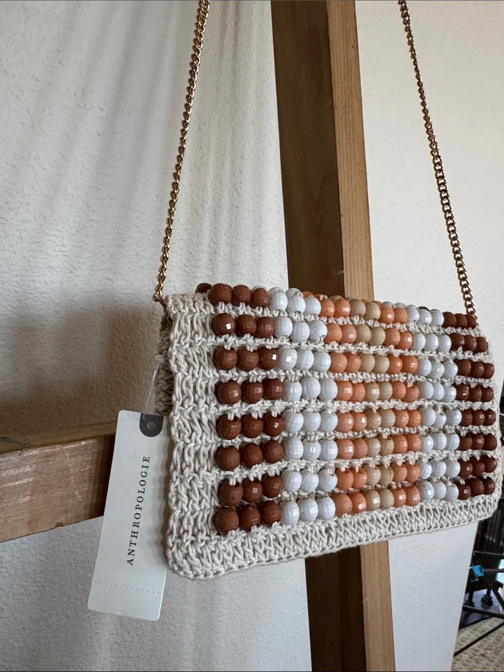 Anthropologie Beaded Crochet Wristlet in Cream, Brown, Peach
